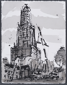 203057 Afbeelding van de Domtoren te Utrecht kort voor het einde van de restauratie, met op de voorgrond een kraan voor ...